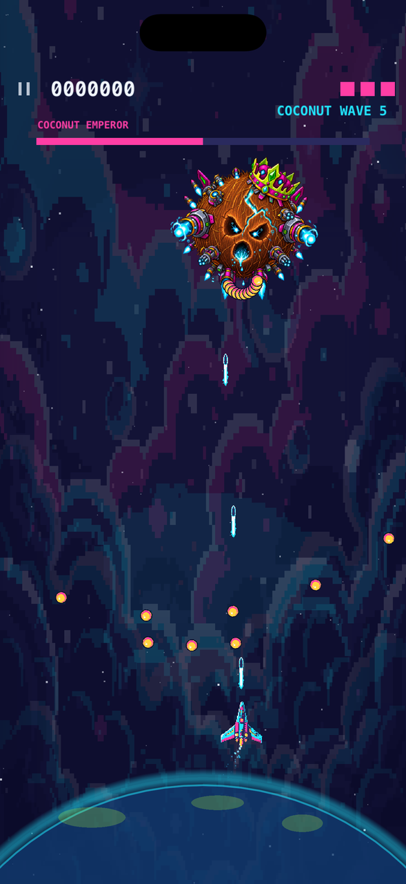 Gameplay: the Coconut Emperor filling the top of the screen with its health bar draining, amber plasma falling toward the player.
