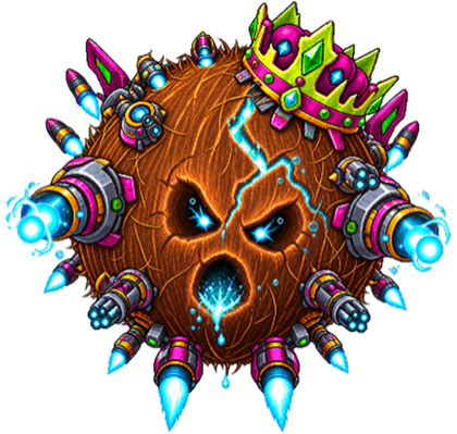 The Coconut Emperor: a huge brown coconut with an angry cracked face, a jewelled crown and plasma cannons strapped to every side.