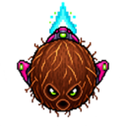 A small hostile coconut with an angry face and tiny rocket fins.