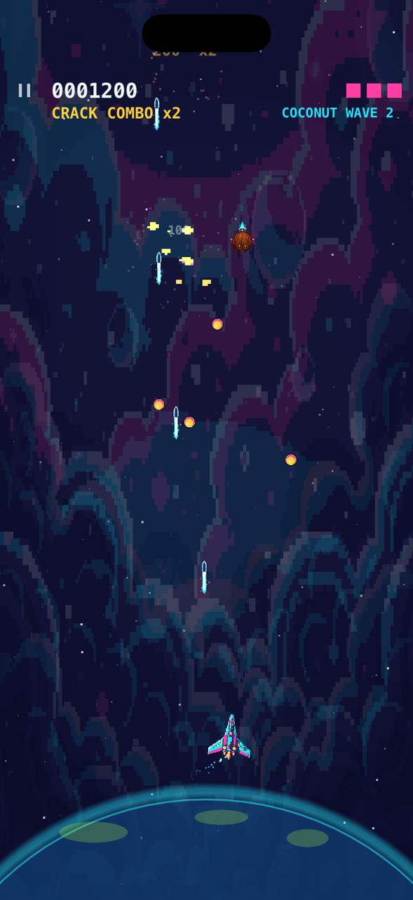 Gameplay: a cyan starfighter firing upward at armed brown coconuts, with the curve of Earth glowing at the bottom of the screen.